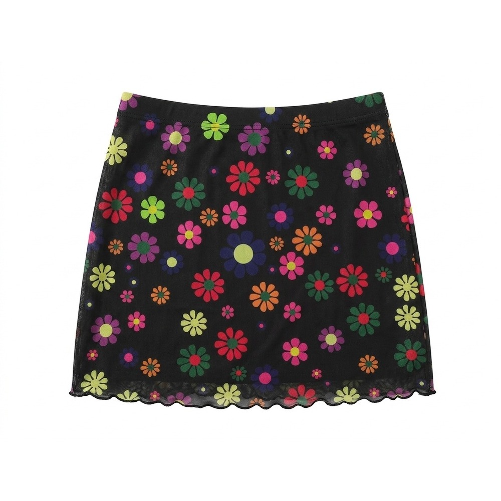 Shein Colorful Floral Mesh Mini Skirt Black Multi Y2K Lettuce Hem Large